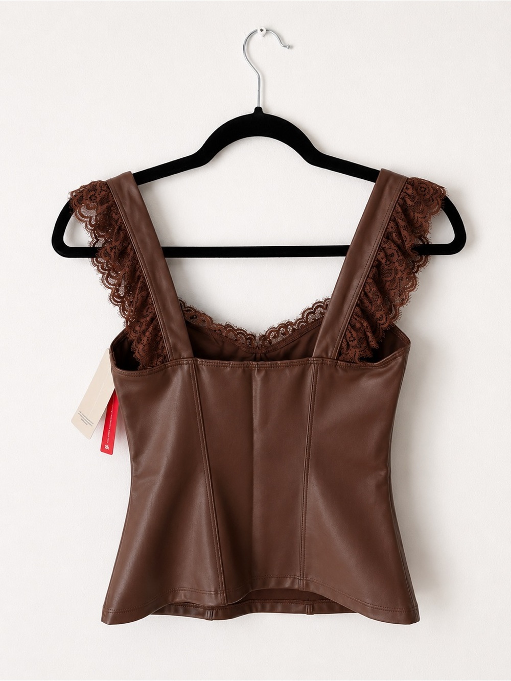 NWT Popilush Faux Leather Lace Trim Sculpting Camisole Top in Brown Coquette XS - Picture 2 of 5